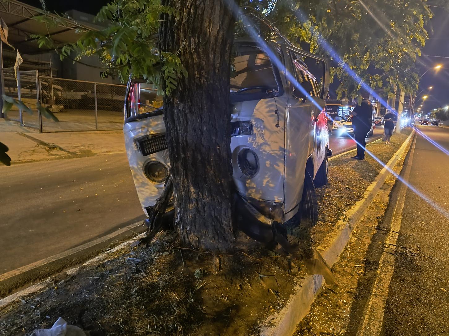 Perua perde os freios e atinge árvore; motorista ficou retido no veículo