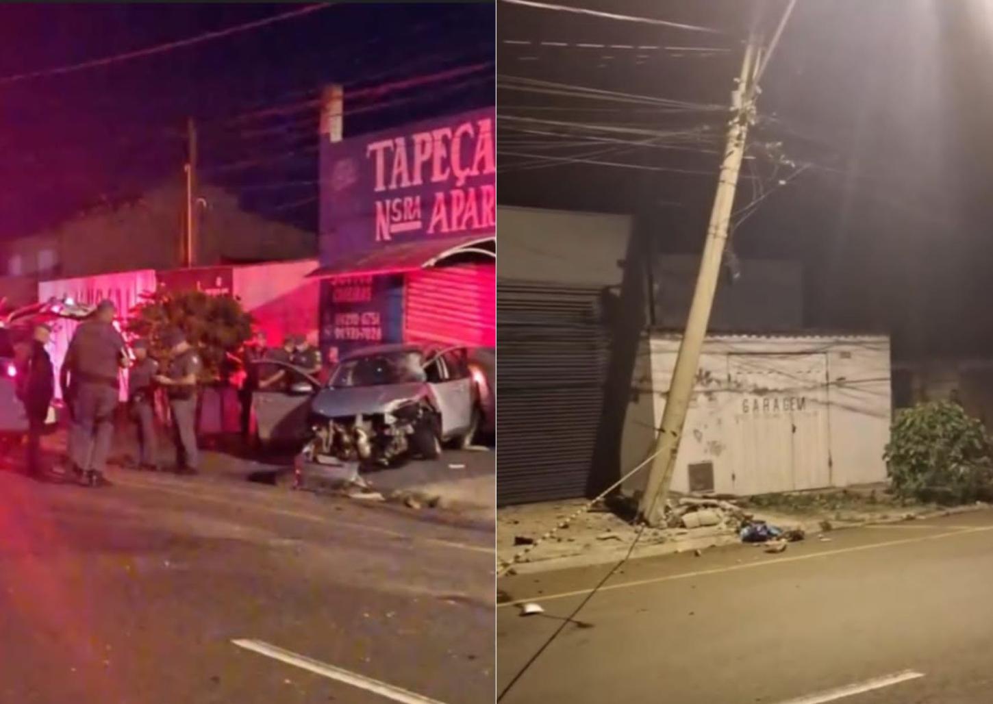 Ladrão tenta fugir com carro roubado e bate em poste no 