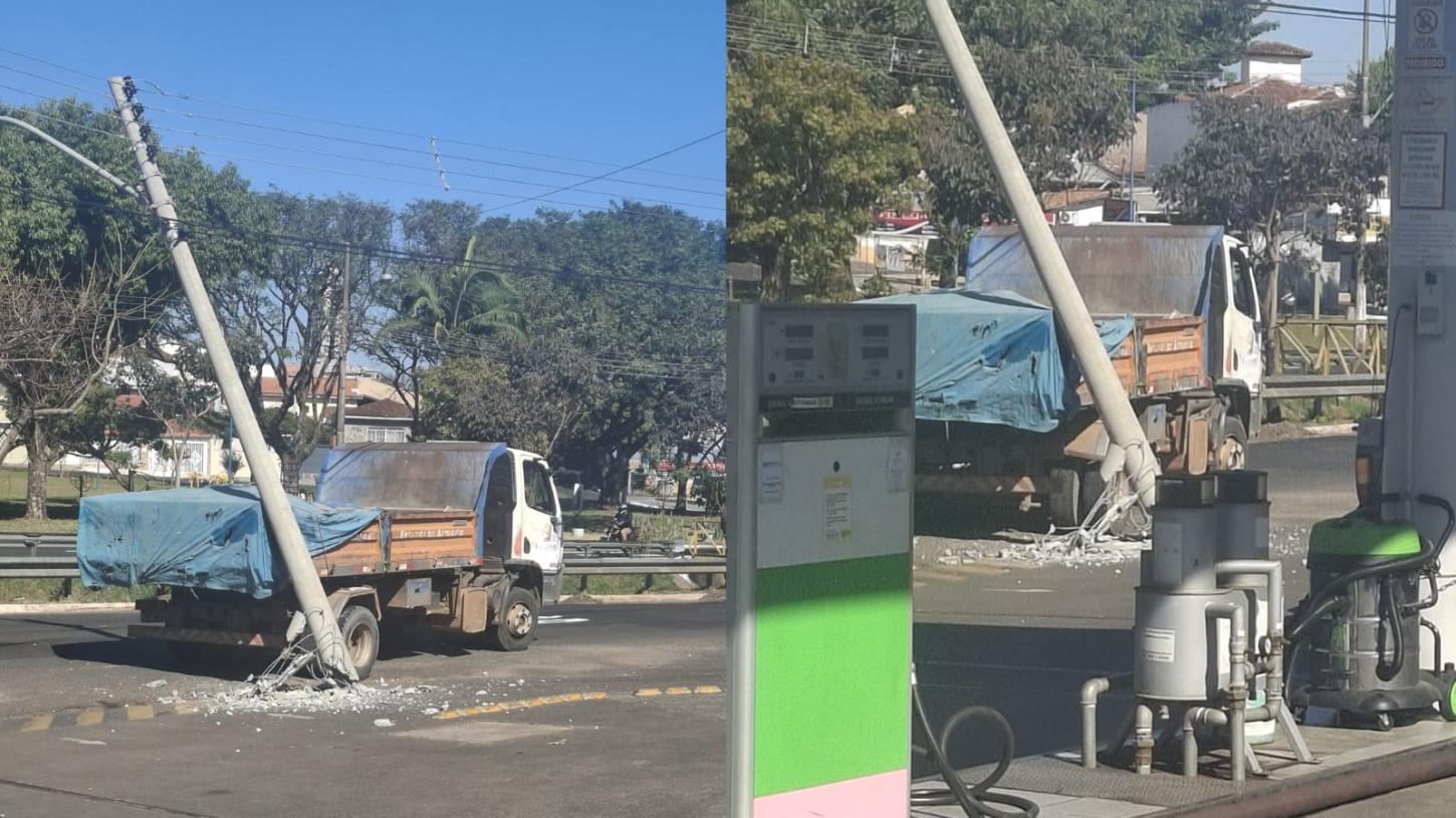 Motorista perde controle e bate em poste ao sair de posto de combustível