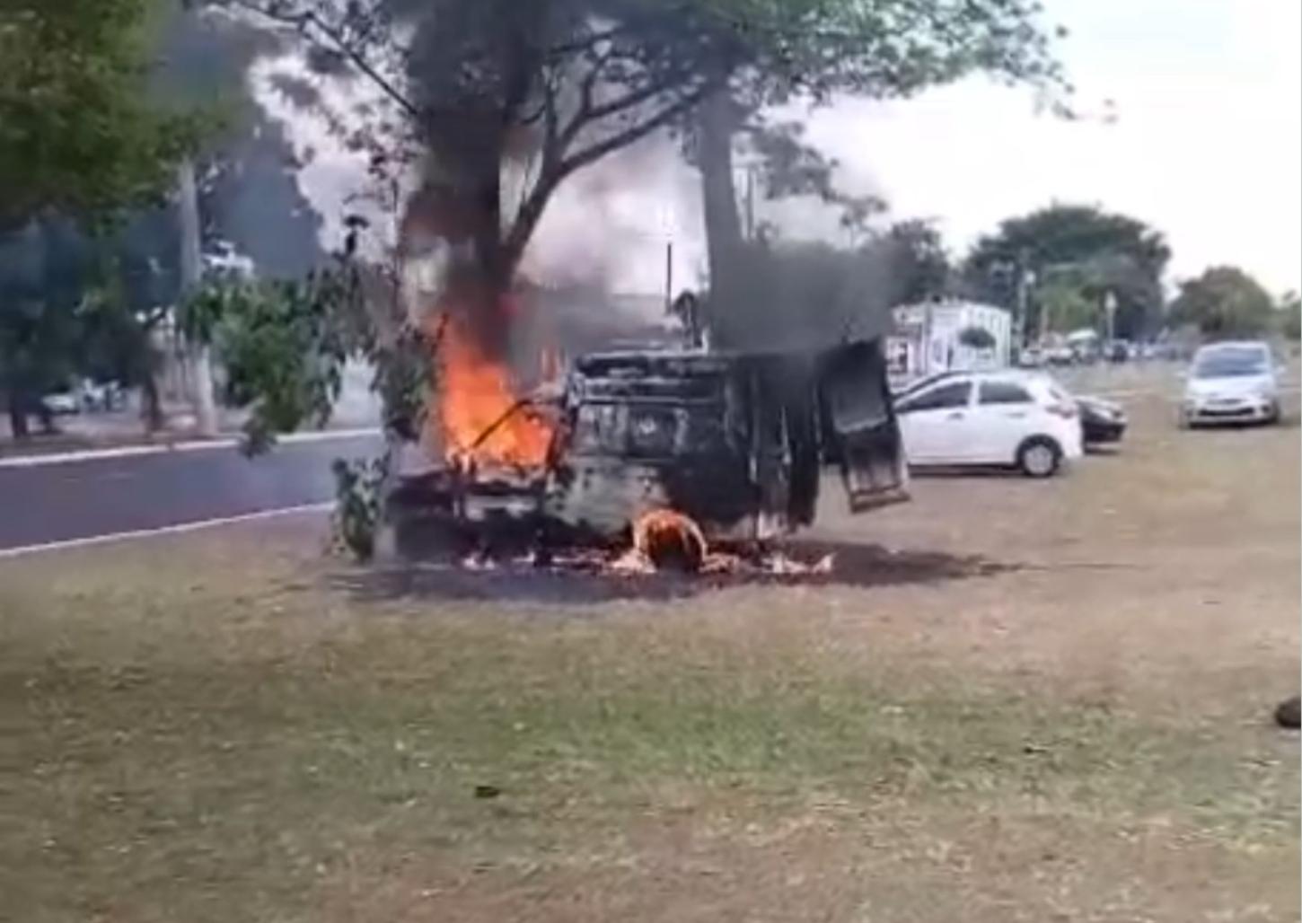 Carro pega fogo em canteiro central de avenida