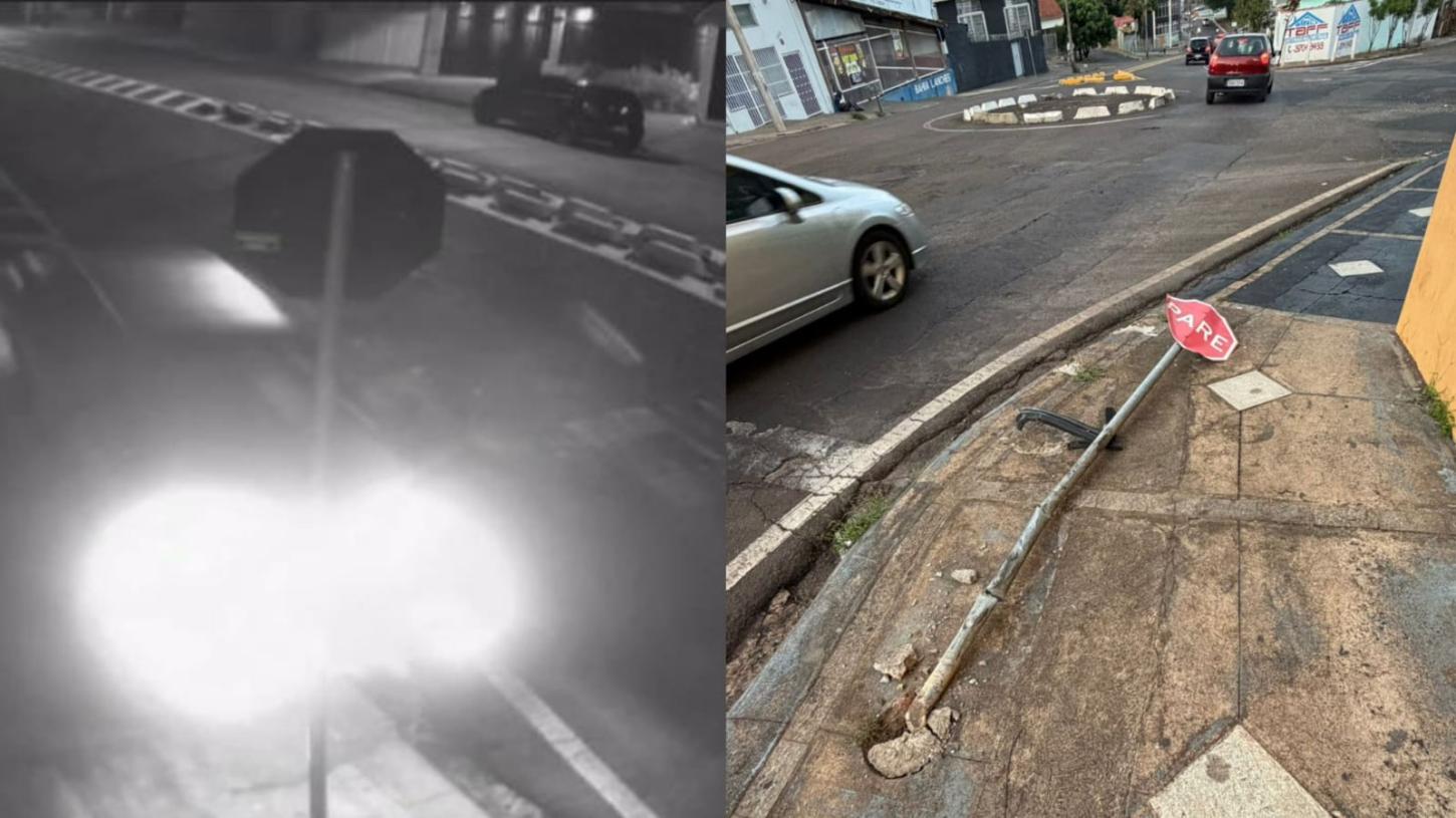 Motorista em alta velocidade sobe em calçada, derruba placa de pare e foge