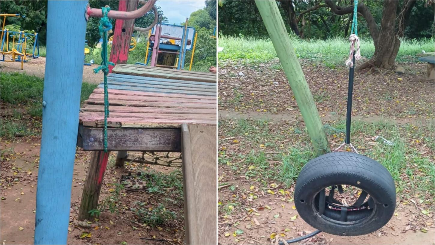 Área de lazer e esporte está com mato alto e aparelhos danificados