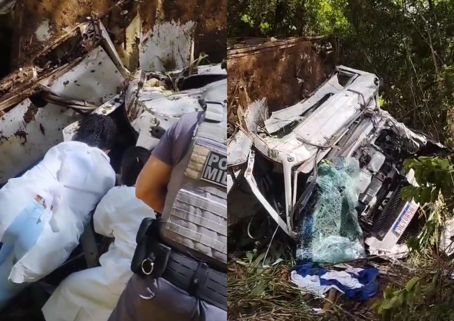 Caminhão sai da pista, cai em córrego e motorista fica retido na cabine