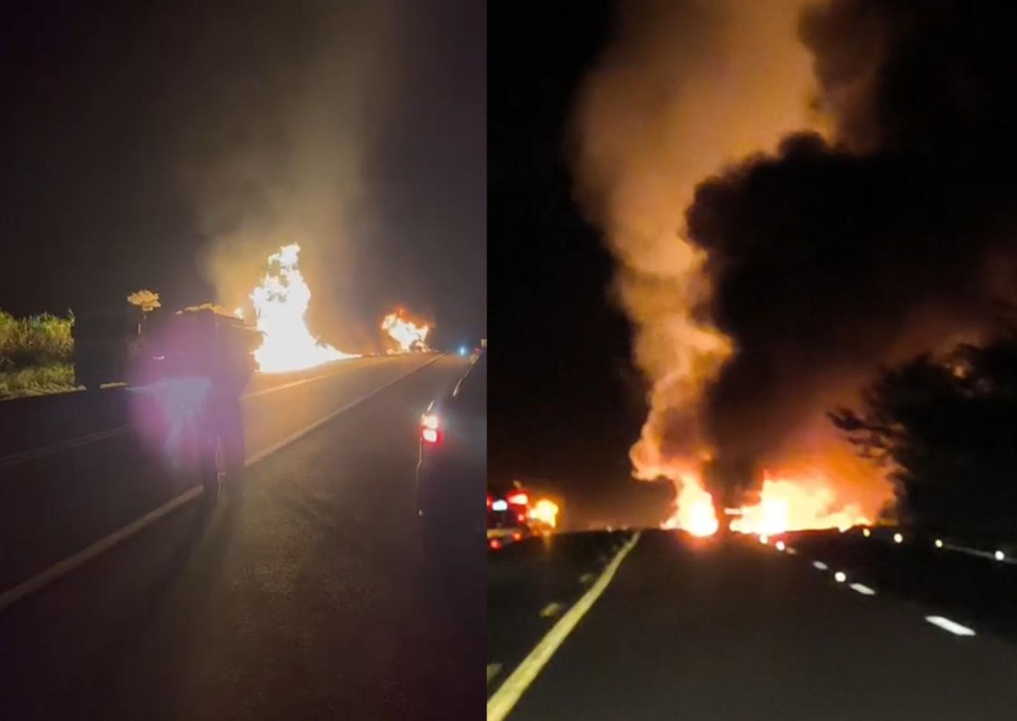 Caminhões pegam fogo após colisão na rodovia Ronan Rocha