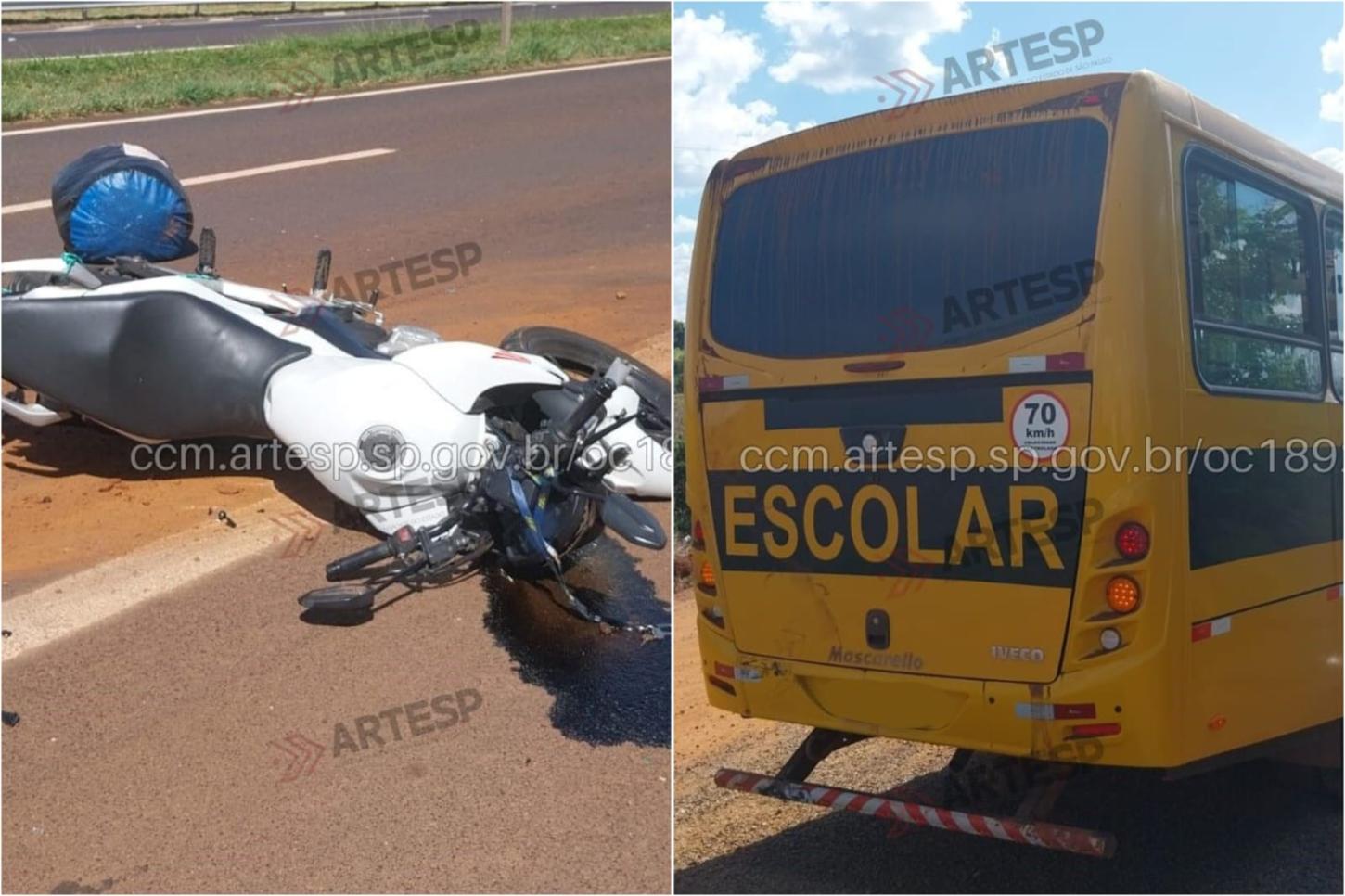 Motociclista fica em estado grave após colisão com micro-ônibus escolar