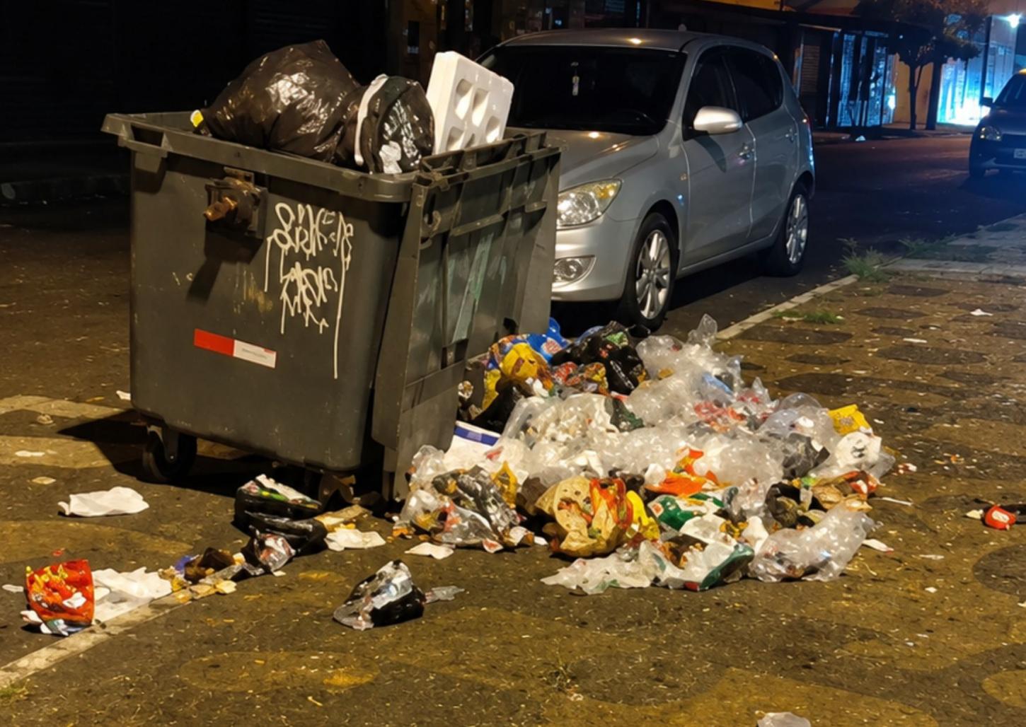 Moradores de rua espalham lixo em busca de restos de alimentos na Santos Dumont