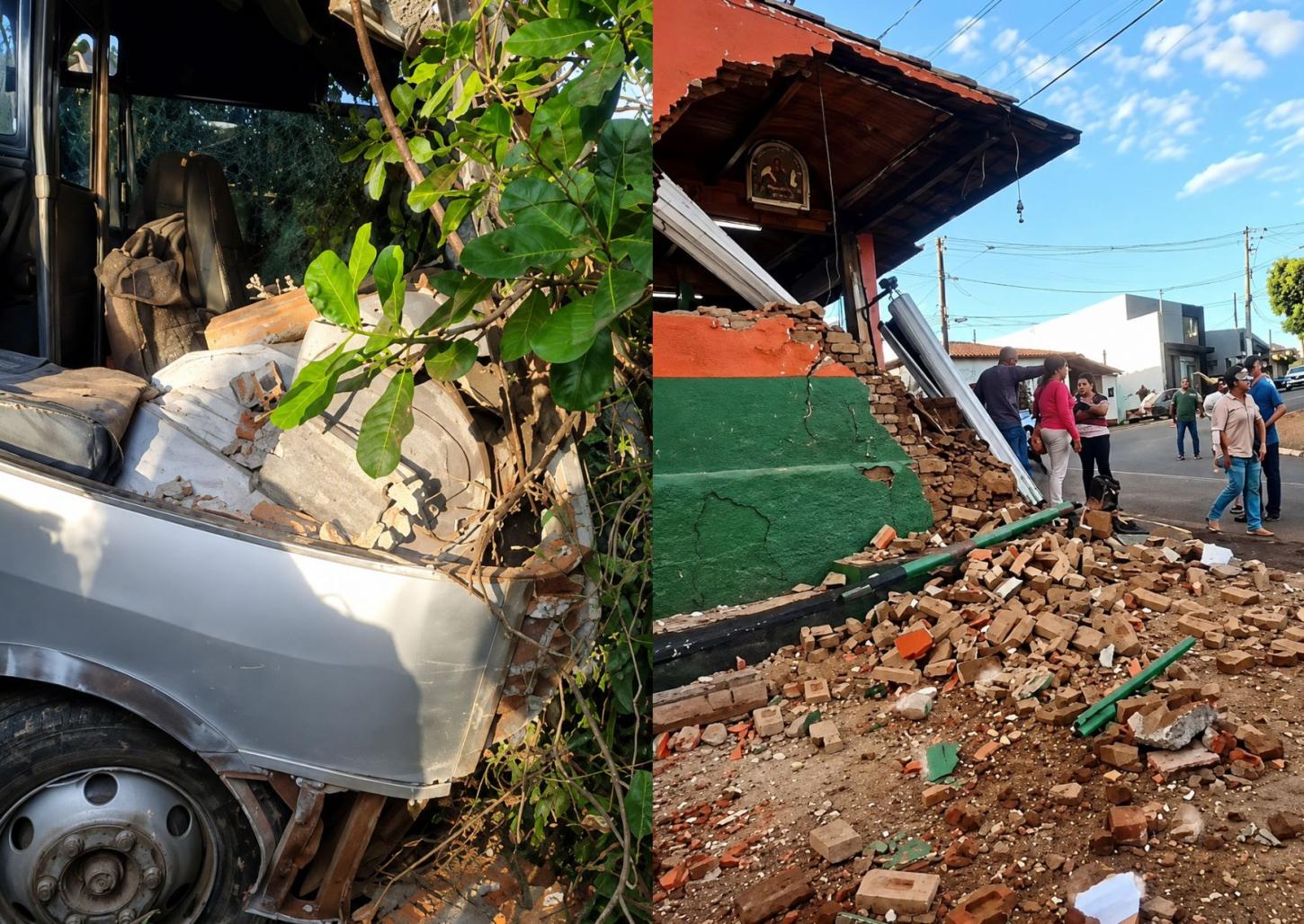 Ônibus perde o freio, atinge comércio e derruba muro em frente ao Mosteiro de Claraval