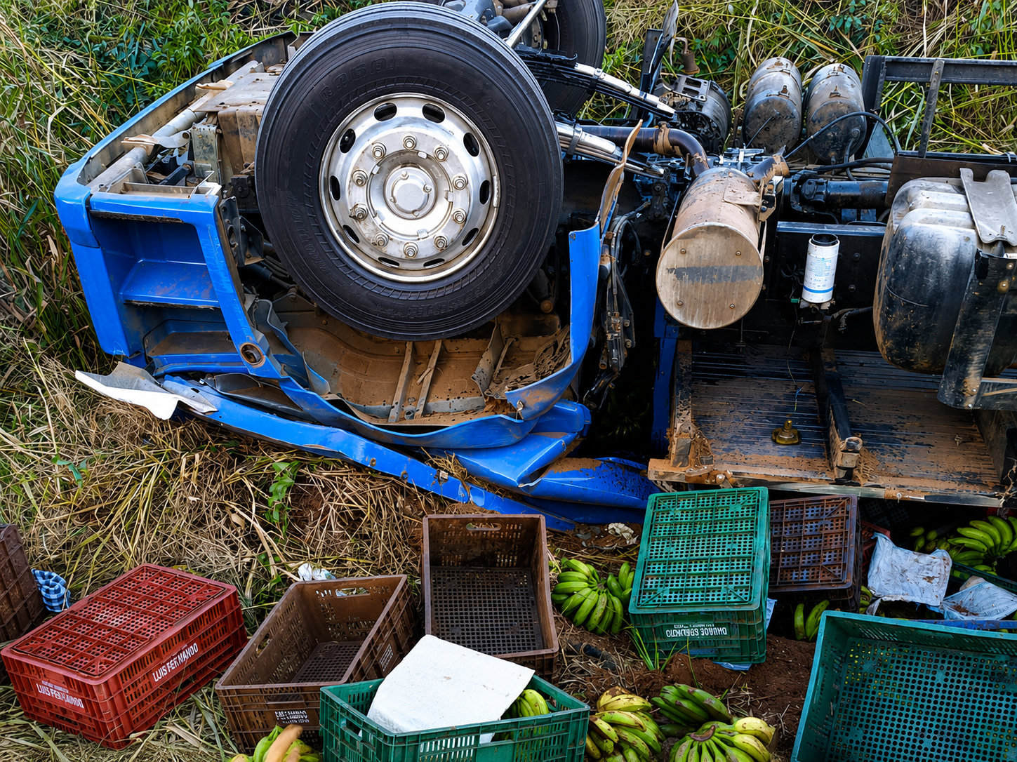 Mulher morre após caminhão de bananas tombar em rodovia