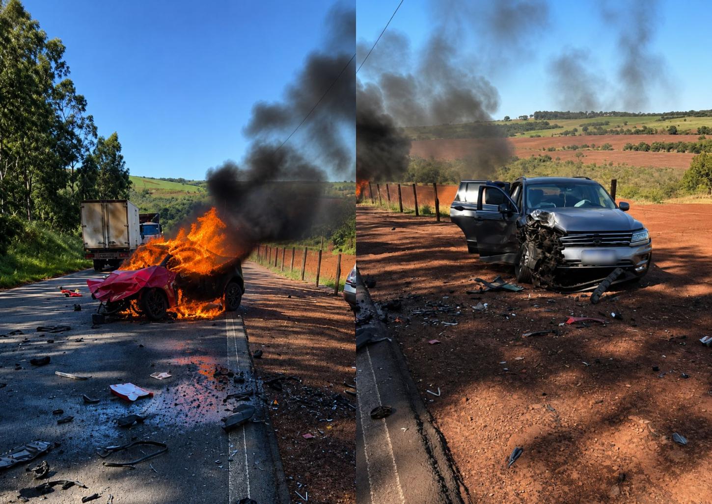 Carro pega fogo após colisão entre Jeriquara e Buritizal 