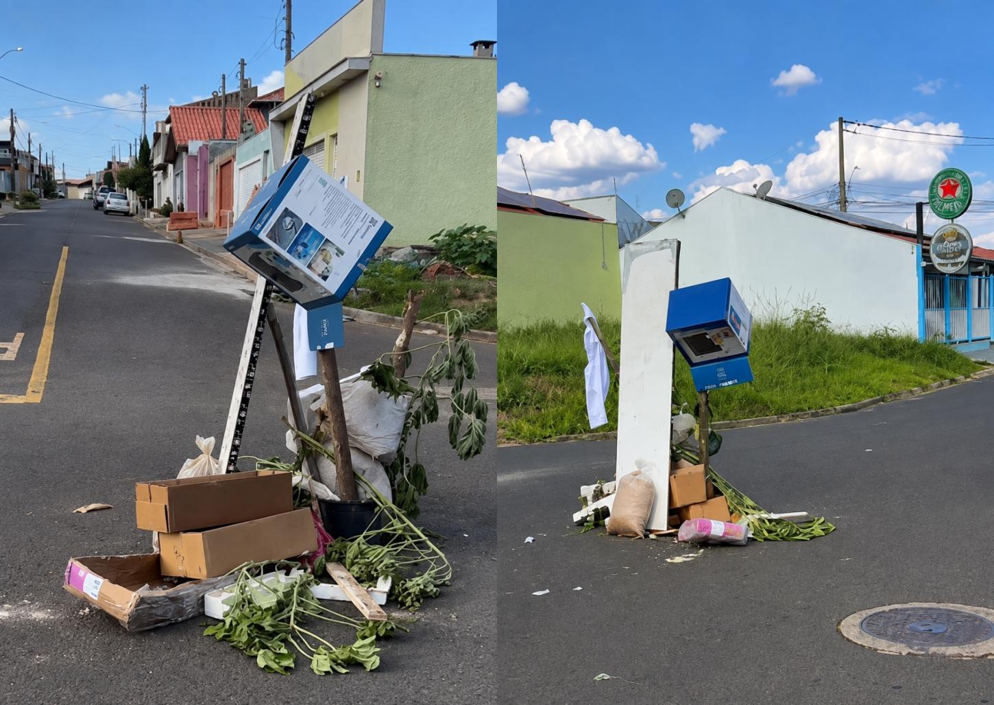 Moradores improvisam sinalização em bueiro aberto no Jardim Tropical II