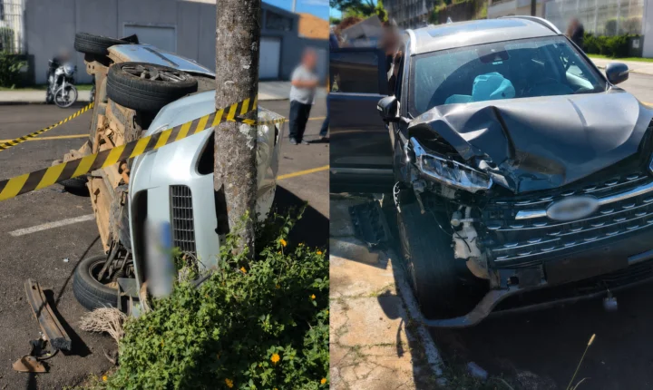 Carro estacionado tomba após colisão na rua Madre Rita; assista 