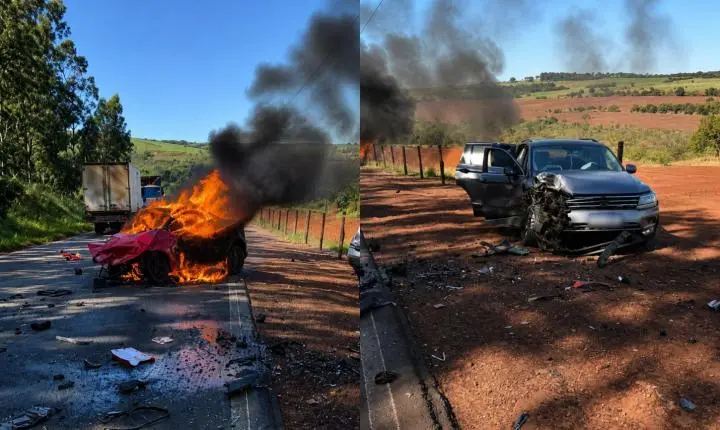 Carro pega fogo após colisão entre Jeriquara e Buritizal 