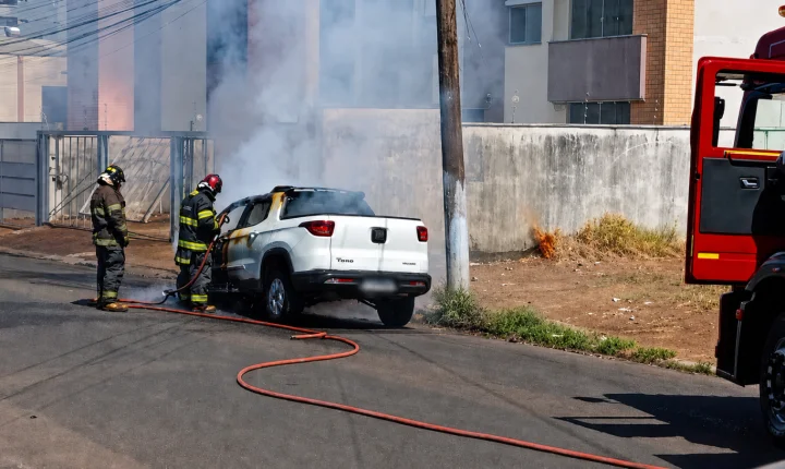 Carro pega fogo e mobiliza Corpo de Bombeiros na Vila Marta 