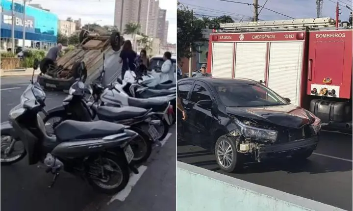 Colisão entre Corolla e Fiorino termina com veículo capotado na Alonso y Alonso