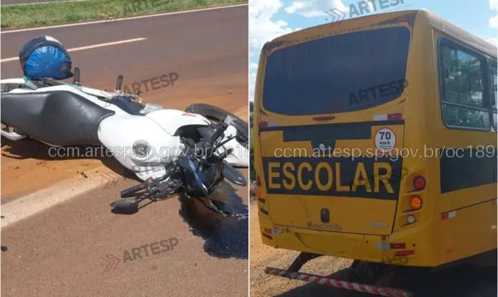 Motociclista fica em estado grave após colisão com micro-ônibus escolar
