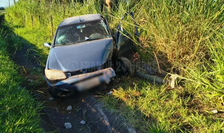 Motorista sai da pista, bate em placa, derruba poste e capota na Portinari