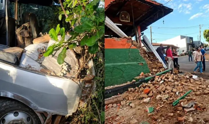 Ônibus perde o freio, atinge comércio e derruba muro em frente ao Mosteiro de Claraval