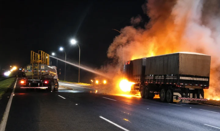 Pane mecânica provoca incêndio em bitrem carregado com soja 
